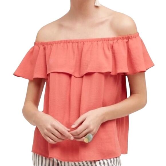 Anthropologie Maeve Coral Off The Shoulder Ruffle Islander Blouse Top Size S - Picture 1 of 6